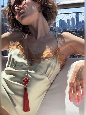 Statement Oval agate Stone Tassel Necklace In Chain Net